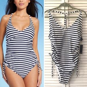 🆕 Palisades Womens One Piece Swimsuit Large Navy Blue White Racer Back Padded
